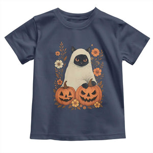 Vintage Halloween Ghost Cat Toddler T Shirt Groovy Floral Cute Black Cat Ghost Fall Pumpkin TS10 Navy Print Your Wear