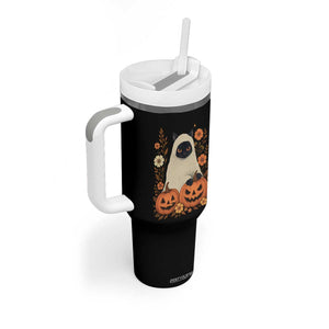 Vintage Halloween Ghost Cat Tumbler With Handle Groovy Floral Cute Black Cat Ghost Fall Pumpkin TS10 Print Your Wear