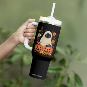 Vintage Halloween Ghost Cat Tumbler With Handle Groovy Floral Cute Black Cat Ghost Fall Pumpkin TS10 Print Your Wear