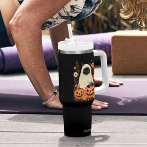 Vintage Halloween Ghost Cat Tumbler With Handle Groovy Floral Cute Black Cat Ghost Fall Pumpkin TS10 Print Your Wear