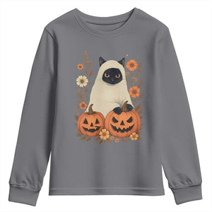 Vintage Halloween Ghost Cat Youth Sweatshirt Groovy Floral Cute Black Cat Ghost Fall Pumpkin TS10 Charcoal Print Your Wear