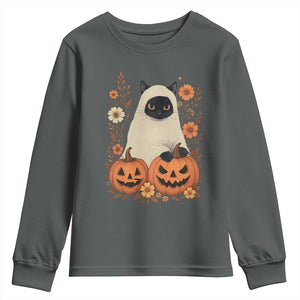 Vintage Halloween Ghost Cat Youth Sweatshirt Groovy Floral Cute Black Cat Ghost Fall Pumpkin TS10 Dark Heather Print Your Wear