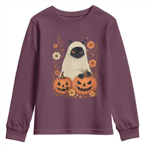 Vintage Halloween Ghost Cat Youth Sweatshirt Groovy Floral Cute Black Cat Ghost Fall Pumpkin TS10 Maroon Print Your Wear
