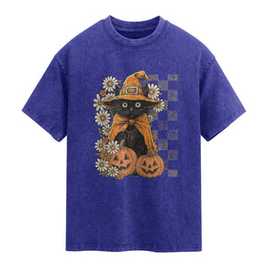 Boho Cat Wild Flowers Washed Cotton T-Shirt Vintage Autumn Cozy Black Cat Pumpkin Halloween