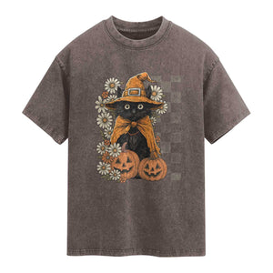 Boho Cat Wild Flowers Washed Cotton T-Shirt Vintage Autumn Cozy Black Cat Pumpkin Halloween