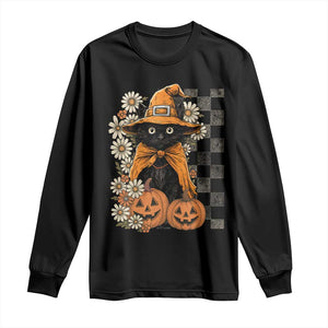 Boho Cat Wild Flowers Long Sleeve Shirt Vintage Autumn Cozy Black Cat Pumpkin Halloween TS10 Black Print Your Wear