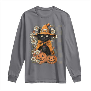 Boho Cat Wild Flowers Long Sleeve Shirt Vintage Autumn Cozy Black Cat Pumpkin Halloween TS10 Charcoal Print Your Wear