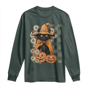 Boho Cat Wild Flowers Long Sleeve Shirt Vintage Autumn Cozy Black Cat Pumpkin Halloween TS10 Dark Forest Green Print Your Wear