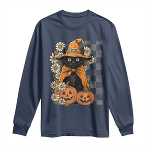 Boho Cat Wild Flowers Long Sleeve Shirt Vintage Autumn Cozy Black Cat Pumpkin Halloween TS10 Navy Print Your Wear