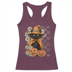 Boho Cat Wild Flowers Racerback Tank Top Vintage Autumn Cozy Black Cat Pumpkin Halloween TS10 Maroon Print Your Wear
