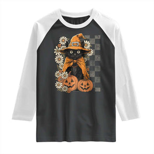 Boho Cat Wild Flowers Raglan Shirt Vintage Autumn Cozy Black Cat Pumpkin Halloween TS10 Black White Print Your Wear