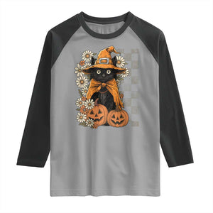 Boho Cat Wild Flowers Raglan Shirt Vintage Autumn Cozy Black Cat Pumpkin Halloween TS10 Sport Gray Black Print Your Wear
