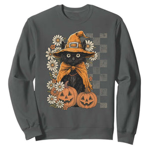 Boho Cat Wild Flowers Sweatshirt Vintage Autumn Cozy Black Cat Pumpkin Halloween TS10 Dark Heather Print Your Wear