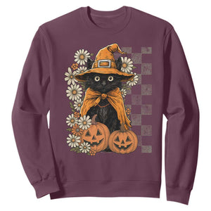 Boho Cat Wild Flowers Sweatshirt Vintage Autumn Cozy Black Cat Pumpkin Halloween TS10 Maroon Print Your Wear