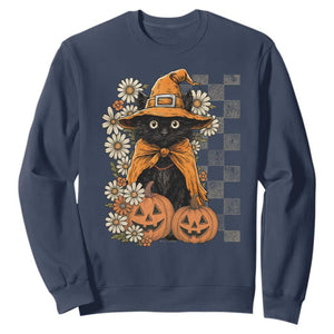 Boho Cat Wild Flowers Sweatshirt Vintage Autumn Cozy Black Cat Pumpkin Halloween TS10 Navy Print Your Wear