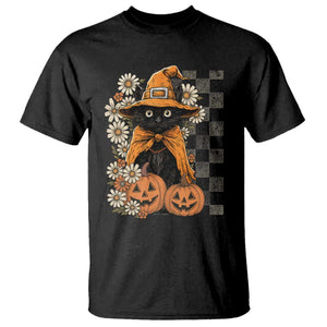 Boho Cat Wild Flowers T Shirt Vintage Autumn Cozy Black Cat Pumpkin Halloween TS10 Black Print Your Wear