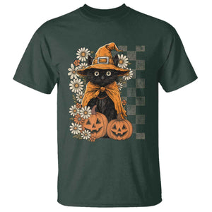 Boho Cat Wild Flowers T Shirt Vintage Autumn Cozy Black Cat Pumpkin Halloween TS10 Dark Forest Green Print Your Wear