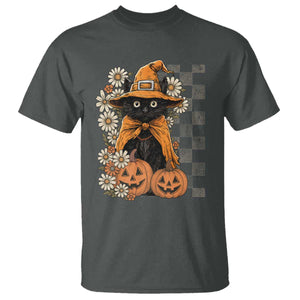 Boho Cat Wild Flowers T Shirt Vintage Autumn Cozy Black Cat Pumpkin Halloween TS10 Dark Heather Print Your Wear