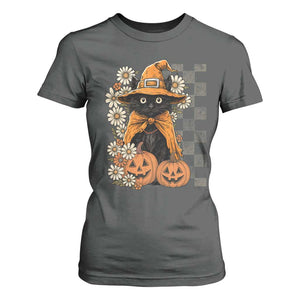Boho Cat Wild Flowers T Shirt For Women Vintage Autumn Cozy Black Cat Pumpkin Halloween TS10 Dark Heather Print Your Wear