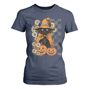 Boho Cat Wild Flowers T Shirt For Women Vintage Autumn Cozy Black Cat Pumpkin Halloween TS10 Navy Print Your Wear