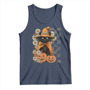 Boho Cat Wild Flowers Tank Top Vintage Autumn Cozy Black Cat Pumpkin Halloween TS10 Navy Print Your Wear