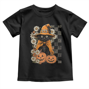 Boho Cat Wild Flowers Toddler T Shirt Vintage Autumn Cozy Black Cat Pumpkin Halloween TS10 Black Print Your Wear