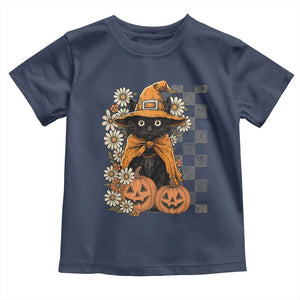 Boho Cat Wild Flowers Toddler T Shirt Vintage Autumn Cozy Black Cat Pumpkin Halloween TS10 Navy Print Your Wear