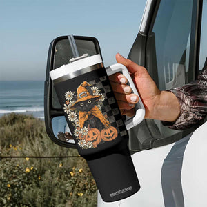 Boho Cat Wild Flowers Tumbler With Handle Vintage Autumn Cozy Black Cat Pumpkin Halloween TS10 Print Your Wear