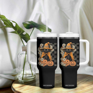 Boho Cat Wild Flowers Tumbler With Handle Vintage Autumn Cozy Black Cat Pumpkin Halloween TS10 Print Your Wear
