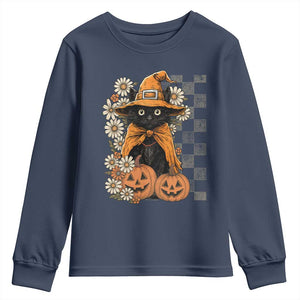 Boho Cat Wild Flowers Youth Sweatshirt Vintage Autumn Cozy Black Cat Pumpkin Halloween TS10 Navy Print Your Wear