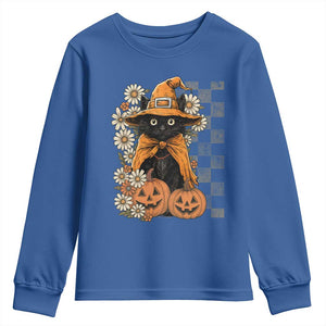 Boho Cat Wild Flowers Youth Sweatshirt Vintage Autumn Cozy Black Cat Pumpkin Halloween TS10 Royal Blue Print Your Wear