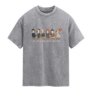 Halloween Funny Goose Costume Washed Cotton T-Shirt Funny Spooky Season Horror Movie
