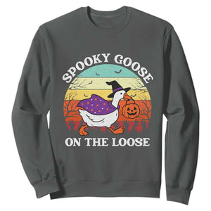 Witchy Silly Goose Sweatshirt Retro Girly Halloween Spooky Goose Lover TS10 Dark Heather Print Your Wear