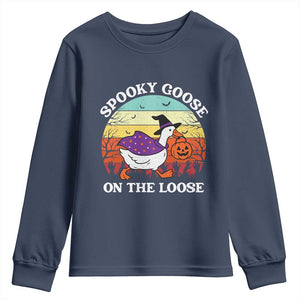 Witchy Silly Goose Youth Sweatshirt Retro Girly Halloween Spooky Goose Lover TS10 Navy Print Your Wear