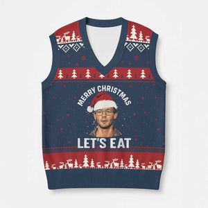 True Crime Ugly Xmas V-Neck Knit Sweater Vest Funny Jeffrey Dahmer Merry Xmas Lets Eat TS10 Navy Red Print Your Wear