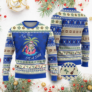 Hawaiian Ugly Christmas Sweater Santa Tis The Sea Sun Beach Hawaii Xmas In July Tropical Xmas Gift Family Holiday TS10 Blue Print Your Wear