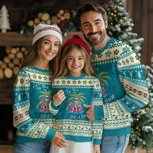 Hawaiian Ugly Christmas Sweater Santa Tis The Sea Sun Beach Hawaii Xmas In July Tropical Xmas Gift Family Holiday TS10 Teal Print Your Wear