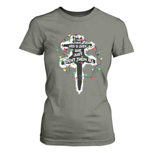 Funny Cat Christmas T Shirt For Women Pussy-cat If That Thing Had Nine Lives She Just Spent Them All Meowy Catmas Gift TS10 Military Green Print Your Wear