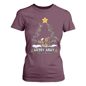 Merry Army Christmas T Shirt For Women Military Family Veteran Xmas Gift Camo Boots TS10 Maroon Print Your Wear