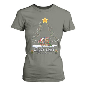 Merry Army Christmas T Shirt For Women Military Family Veteran Xmas Gift Camo Boots TS10 Military Green Print Your Wear