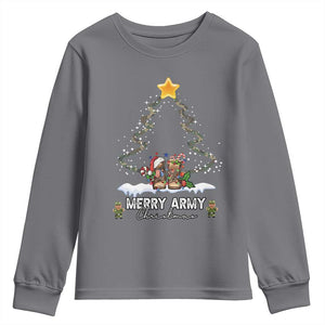 Merry Army Christmas Youth Sweatshirt Military Family Veteran Xmas Gift Camo Boots TS10 Charcoal Print Your Wear