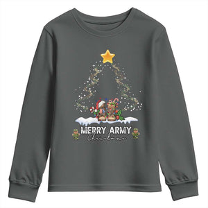 Merry Army Christmas Youth Sweatshirt Military Family Veteran Xmas Gift Camo Boots TS10 Dark Heather Print Your Wear
