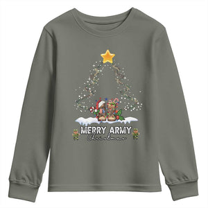 Merry Army Christmas Youth Sweatshirt Military Family Veteran Xmas Gift Camo Boots TS10 Military Green Print Your Wear