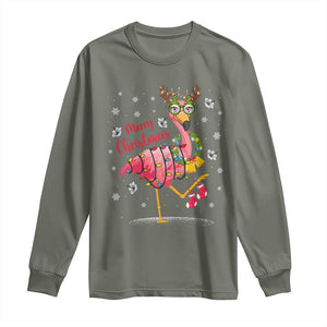 Christmas Flamingo Long Sleeve Shirt Tropical Xmas Family Beach Vacation TS10 Military Green Print Your Wear