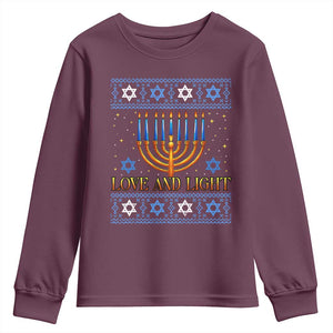 Ugly Hanukkah Youth Sweatshirt Love and Light Jew Menorah Jewish Chanukah TS10 Maroon Print Your Wear