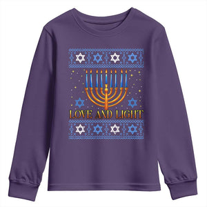 Ugly Hanukkah Youth Sweatshirt Love and Light Jew Menorah Jewish Chanukah TS10 Purple Print Your Wear