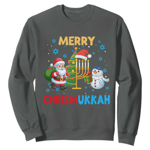 Merry Chrismukkah Sweatshirt Happy Christmas Hanukkah Jewish Santa Snowman TS10 Dark Heather Print Your Wear
