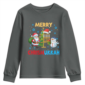 Merry Chrismukkah Youth Sweatshirt Happy Christmas Hanukkah Jewish Santa Snowman TS10 Dark Heather Print Your Wear