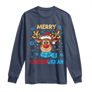 Merry Chrismukkah Long Sleeve Shirt Jewish Happy Christmas Hanukkah Reindeer Menorah TS10 Navy Print Your Wear