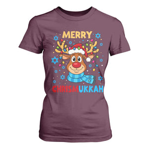 Merry Chrismukkah T Shirt For Women Jewish Happy Christmas Hanukkah Reindeer Menorah TS10 Maroon Print Your Wear
